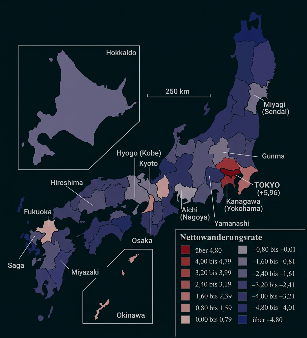 Karte Japans mit farblich dargestellter Nettowanderungsrate der Präfekturen.